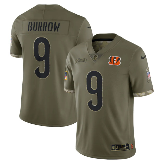 mens nike joe burrow olive cincinnati bengals 2022 salute to service limited jersey